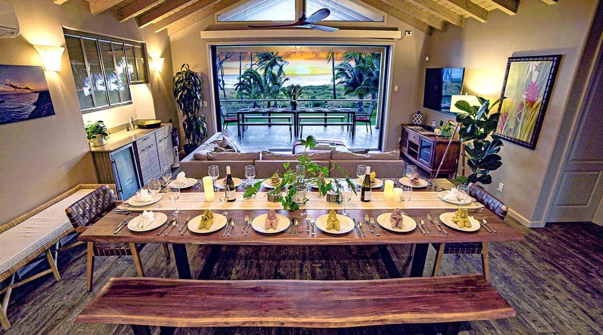 Indoor dining area with a large table and chairs