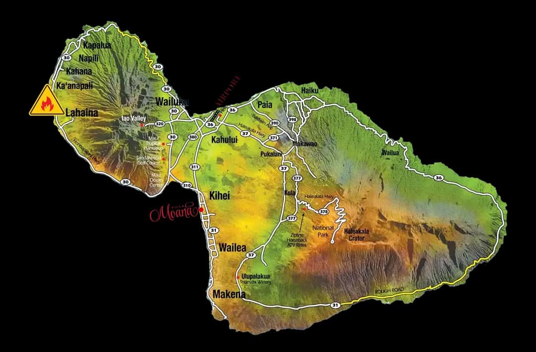 Map of the island, with airport and Lahaina Kihei distance